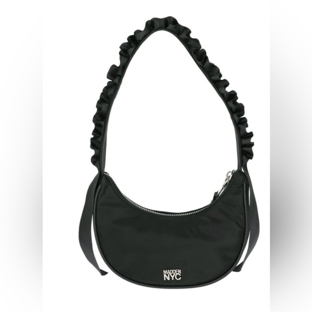 NWT! Madden NYC Women's Ruffled Ribbon Half
Moon Black Nylon Handbag